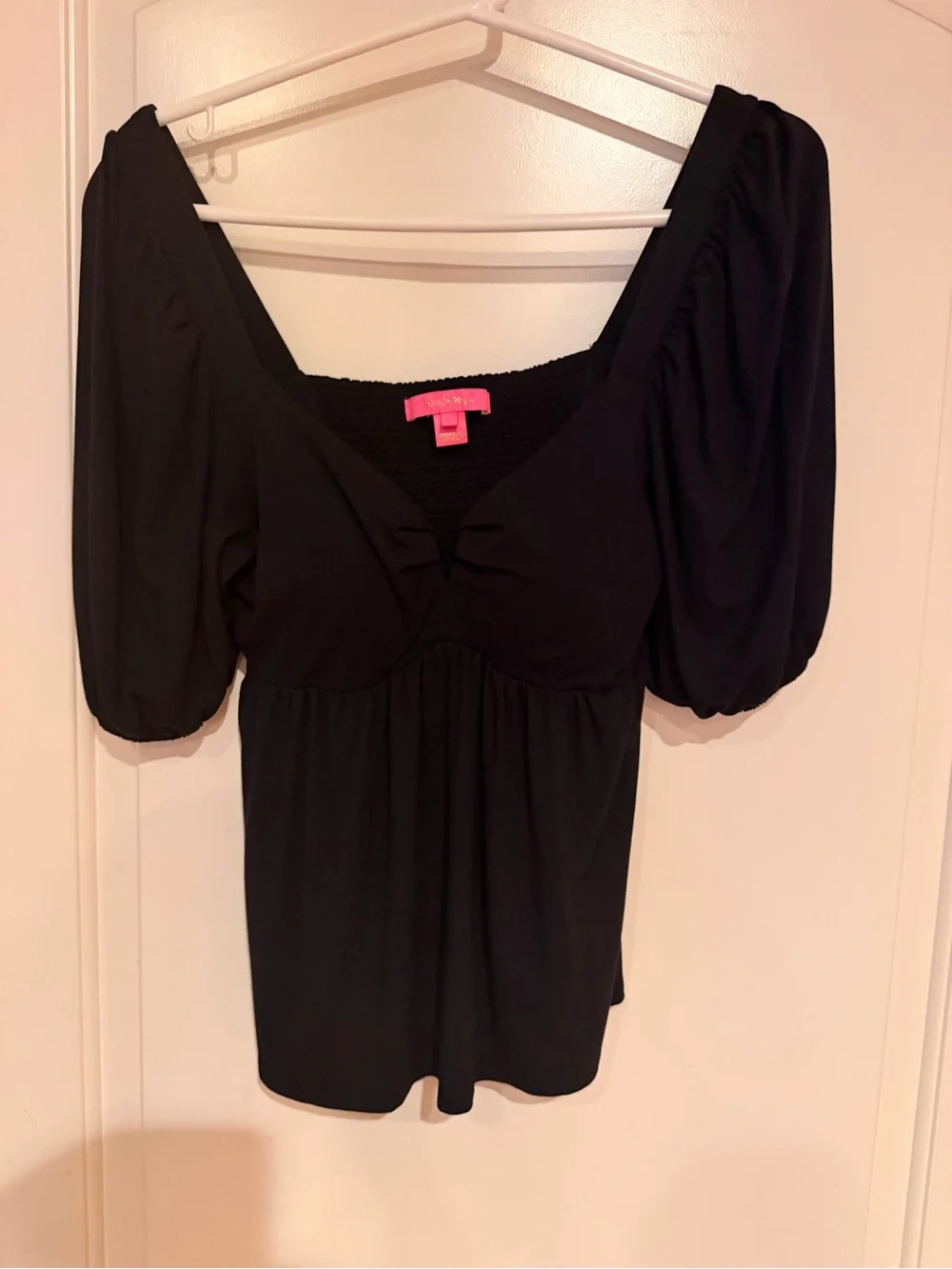 Lilly Pulitzer Black Puff Sleeve Square-Neck Top Small EUC